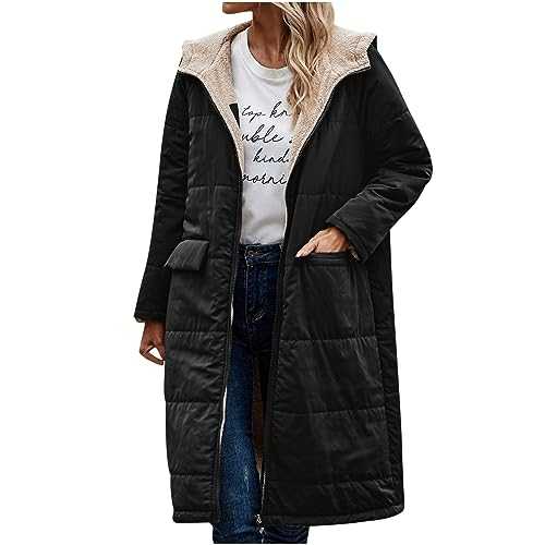 Warm Winter Coats Women's Reversible Sherpa Fleece Long Hooded Puffer Jackets Fur Lined Parkas Jacket Puffer Down Padded Coat Windproof Quilted Trim Coat for Ladies UK Clearance