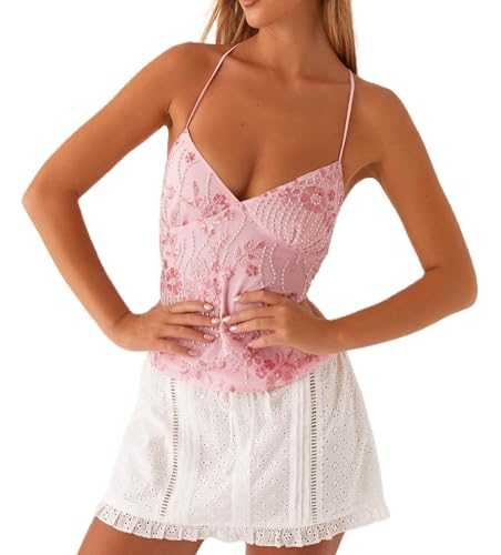 Women Sexy Sequins Camisoles Tops Sleeveless Backless Halter V Neck Pearl Decored Tank Tops Summer Y2K Sparkle Floral Vest Party Clothes Streetwear