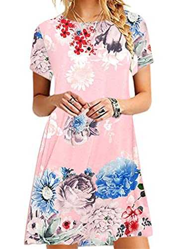 OMZIN Women Summer Short Sleeve Loose Dress Plus Size Swing Crew Neck Solid Color Dress