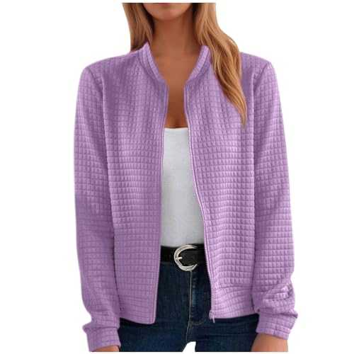RLEHJN Women's Jackets UK Solid Color Waffle Bomber Jackets Long Sleeve Zip Up Flight Jacket Casual Lightweight Plain Coats with Pockets Stand Collar Tops Outerwear Warehouse Clearance S-XXL