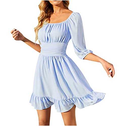 Women’s Summer Dress Casual Short Sleeve Square Neck Mini Dress Solid Color Loose Comfy Swing Sundress Summer Boho Beach Mini Dress Loose Casual Tunic Dress Summer Short Flowy Swing Dress