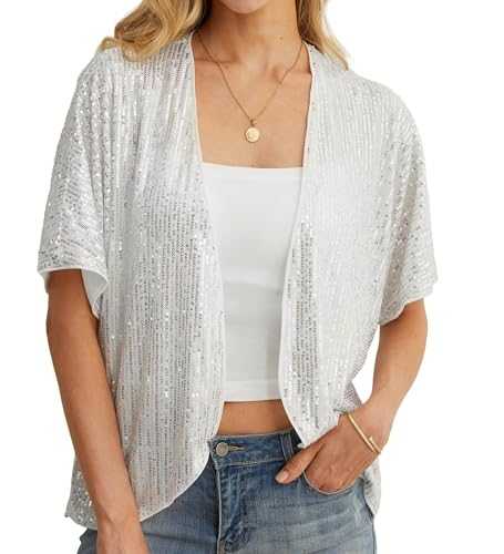 QIXING Women's Sequin Sparkle Lightweight Short Sleeve Cardigan Casual Party Clubwear Cover Up Glitter Shrug Sequin Jacket
