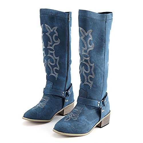 ZHIYAO Women's Leather Boots Embroider Square Heel Pointed Toe Zipper Pure Color Ankle Boots Ladies Autumn Casual Comforty Shoes