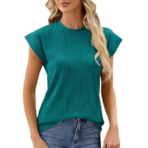 Skang Women's Summer Tops Water Pattern Round Neck Shirt Solid Colour Cap Shoulder Sleeve T Shirts Classic-Fit Oversized Y2k Shirt Vacation Daily Beach Tee