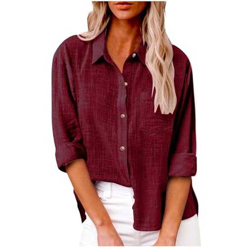 Womens Long Sleeve Shirt Tops Business Casual Button Cotton Linen Shirts Summer Tshirt Tops V Neck Roll Up Long Sleeve Blouses Loose Fit Collared Shirt Oversized Blouses Office Work Blouse