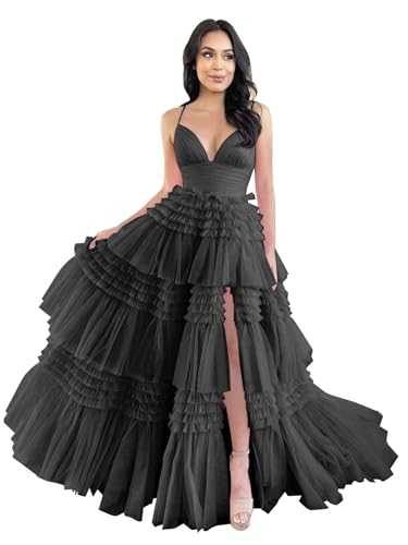 Tiered Tulle Prom Dresses Long Ruffles Ball Gowns Glitter Formal Evening Party Gowns with Slit