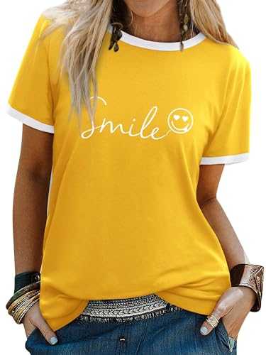 Dresswel Womens T-Shirt Cute Funny Smile Face Graphic Print Tee Shirts Summer Tops