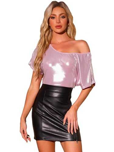 Allegra K Metallic Tops for Women's Christmas Costumes Off Shoulder Short Sleeve Loose Party Sparkly Blouse