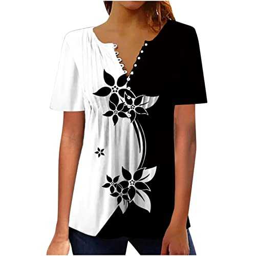 Women Summer Printing Trendy Sexy Button Cardigan Short Sleeve Shirt V Neck Casual Fitted Tunic Clothes Tops Fitted Tunic Top