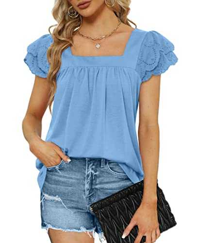 Aokosor T Shirts for Women Square Neck Tops Ladies Lace Sleeve Summer Loose Tee