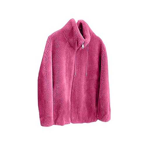 Womens Fuzzy Fleece Coat Teddy Bear Fleece Full Zip Coat Solid Color Warm Winter Double Fleece Sweatshirts Fluffy Jumper Overcoat Cardigan Ladies Plus Size Faux Fur Jacket Cashmere Coats Hot Pink M