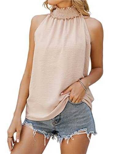 Famulily Women's Casual Summer Smocked Ruffle Halter Neck Sleeveless Top Outfit S-XXL