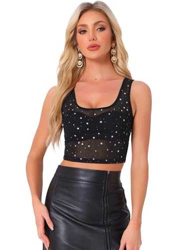 Allegra K Sheer Mesh Top for Women's Scoop Neck Glitter Stars Sleeveless Party Crop Tank Top