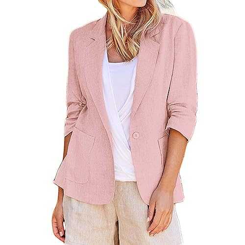 Keepink Womens Blazer Size 8-22 Cotton Linen Suit Jacket 3/4 Ruched Sleeve Lapel Blazers Open Front Office Work Business Casual Blazer Pockets Ladies Lightweight Outwear Dressy Tops