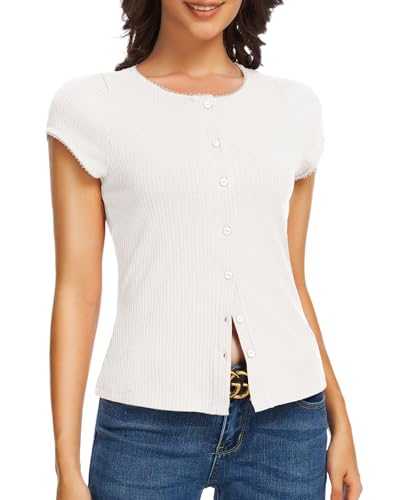 Ribbed Tops for Women UK - Crewneck Dressy Casual Shirts Button Up Trendy Y2K Going Out Blouse