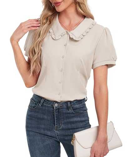 YOUNIFIZ Women's Peter Pan Collar Blouse Short Sleeve Button Down Shirt Casual Work Top Vintage Shirt