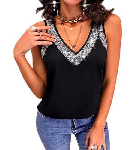 Ladies Vest Top Sequin Sparkly Sleeveless Shirts Women Summer Glitter Party Club Blouse V Neck V Neck