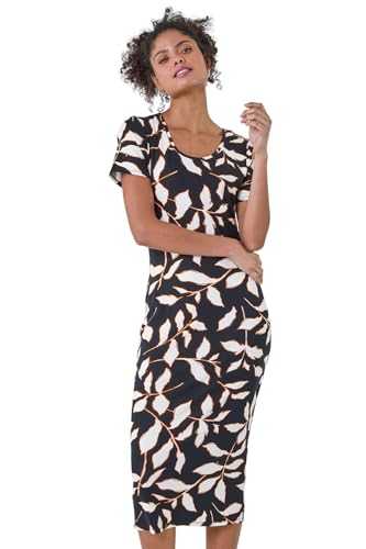 Dusk Fashion Leaf Print Midi Stretch Dress for Women UK - Ladies Everyday Holiday Spring Summer Round Neckline Comfy Soft Evening Vacation Work Party