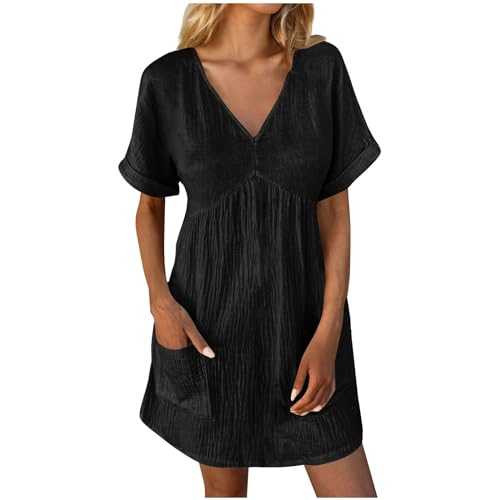 Women Dresses UK Sale Clearance Summer Short Sleeve Midi Dresses with Pockets Baggy Casual V Neck Dress Plain Oversized Dresses Holiday Party Beach Dress Elegant Shift Sundress Cotton Linen Dress