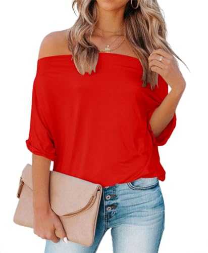 REVETRO Women's Off Shoulder Tops Casual Short Batwing Sleeve Summer Loose T Shirt Tunic Blouse…
