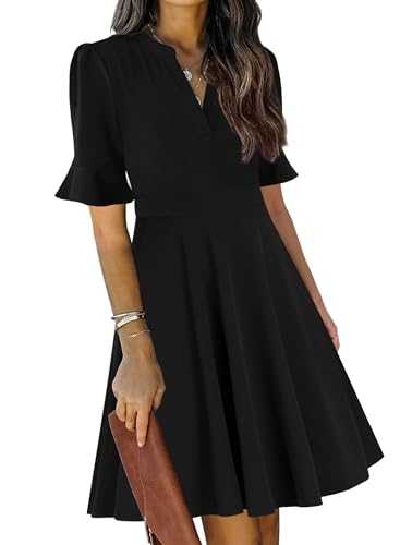 Mokayee Womens Summer V Neck Ruffle Short Sleeve Fit and Flare Knee Length Church Wedding Guest Dresses with Pockets