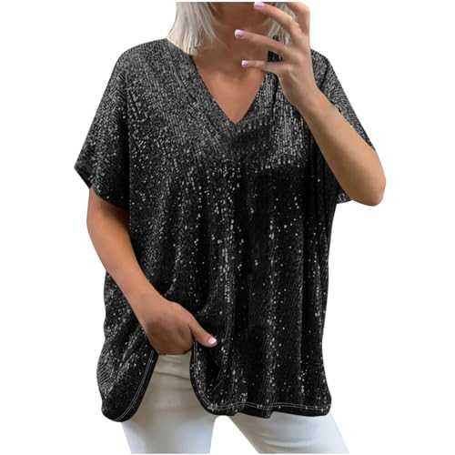 Sequin Tops for Women UK Loose Sexy Deep V Neck Short Sleeve Glitter Sequin T Shirts Plus Size Fashion Solid Sparkly Blouses Evening Party Club Tee Shirts Summer Tops, M-XXL