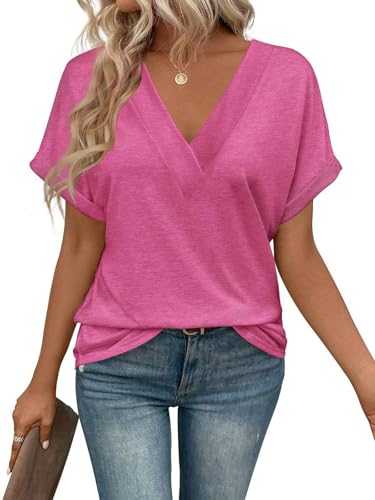 Oheyeseker Summer Casual Tops for Women,Short Sleeve V Neck T Shirts,Oversized Stretch Solid Color Basic Tee