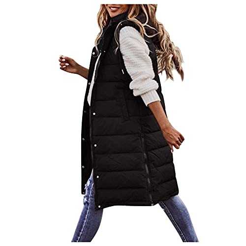 Exhloag Womens Winter Long Gilets Hooded Zip up Loose Jacket Women Casual Solid Hoodie Vest with Pocket Sleeveless Winter Warm Lightweight Bodywarmer Waistcoat Outwear for Ladies Personalised Gifts