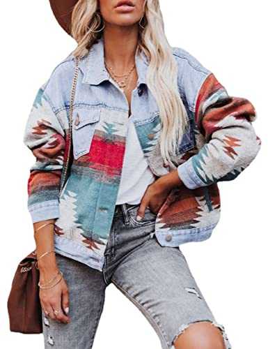 Yidarer Women's Denim Aztec Jacket Lapel Long Sleeve Vintage Button Down Denim Jacket