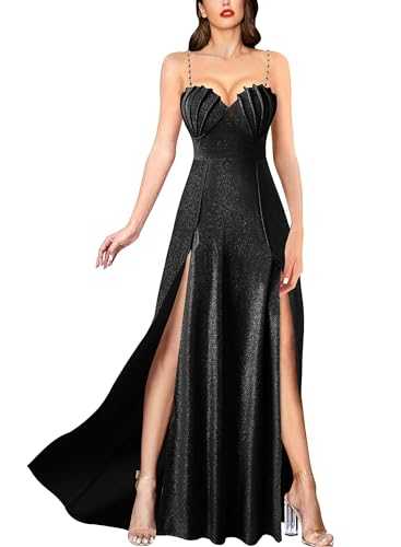 VFSHOW Womens Sexy Sweetheart Neckline Double Slit Prom Formal A-Line Maxi Dress 2023 Rhinestone Spaghetti Strap Evening Gown