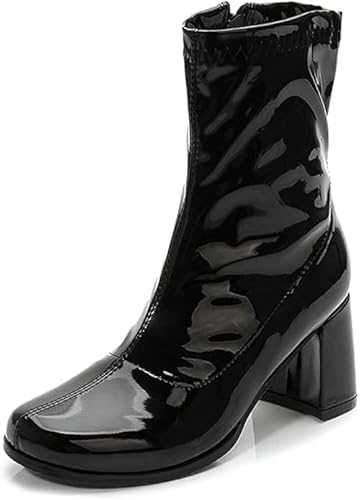 Women's Mid Calf Go Go Boots Block Heel Zipper Ankle Boots Low Block Heel Short Boot Shoes