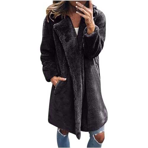 NSICBMNO Fleece Jacket Women Fur Coat Open Front Cardigans Elegant Trench Coat With Pocket Longline Coats Teddy Fleece Jackets Winter Coats Lapel Collar Jacket Outwear Long Overcoat Plus Size