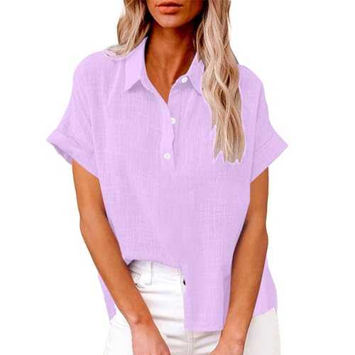 Keepink Ladies Tops Summer Short Sleeve Linen Shirts V Neck Button Down Henley Tunic Top Plain Dressy Loose Casual Business Blouses Work Office Vacation T-Shirt Plus Size S-5XL