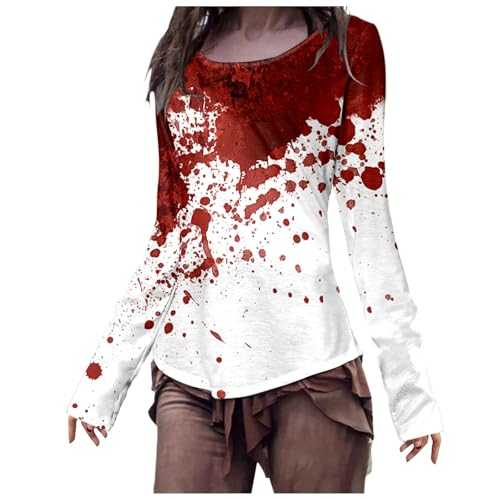 Women's Slim Fit Top Long Sleeve T-Shirt Halloween Blood Print Glitter Top