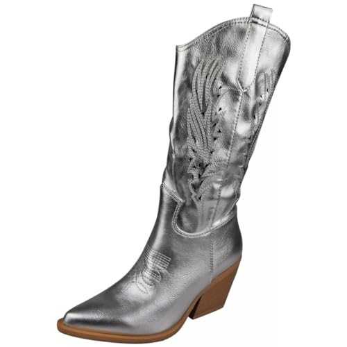 LoudLook Ladies Western Cowboy Mid-Calf Zip Heel Faux Suede Comfy Pointed Toe Winter Shoes Sizes 3-8