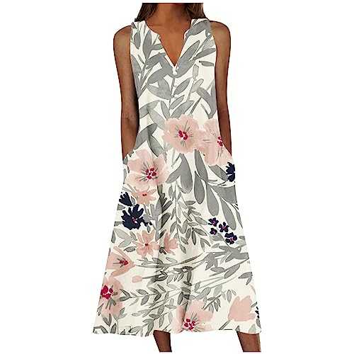 Women's Summer Dresses Sleeveless V-Neck Long Dress Clearance Bohemian Summer Beach Dress Casual Tank T-Shirt Dress with Pockets Baggy Loose Vintage Floral Printed Midi Dress Long Tunic Holiday Dress