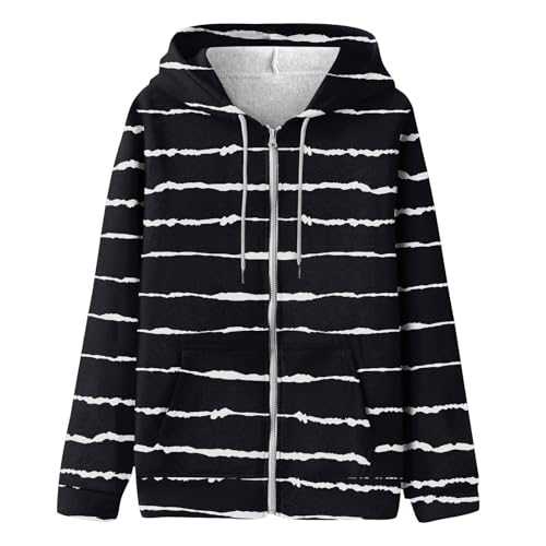 Zeiayuas Women's Full Zip Up Hoodie Striped Hooded Sweatshirts Pockets Jacket Coat for Women Open Front Loose Outerwear Color Block Oversized Sweatshirt Y2K Clothes Cute Teen Girl Fall Casual Jackets