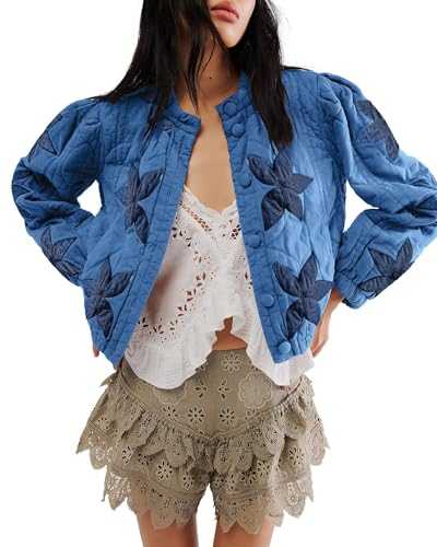 Women's Cropped Quilted Jackets Lightweight Flower Winter Warm Button Down Puffer Jacket Coat with Pockets