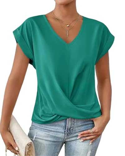 Womens Summer Tops V Neck Casual Twist Front Blouses Cap Sleeve V Neck Tops Loose Fit Tunic Top Trendy Clothes Basic Tee