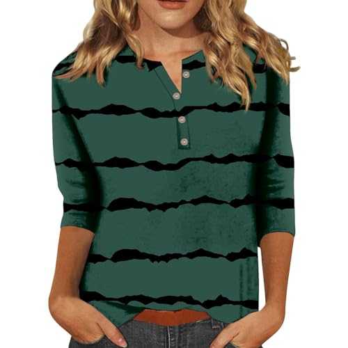 FNKDOR Women's T-Shirts Stripe Button Down Fashion Tunic Tops 3/4 Length Long Sleeve Solid Color Top Ladies Summer V Neck Slim Fit Tee Tie Dye T Shirt Work Dresses for Women UK