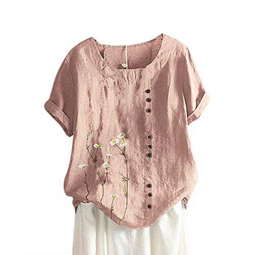 AMhomely Button Front Tops for Women UK Summer Cotton Linen Short Sleeve Henley T-Shirt Summer Short Sleeve Casual Tunic Tops Blouse Vintage Dandelion Print Blouse Loose Elegant Tee Shirts