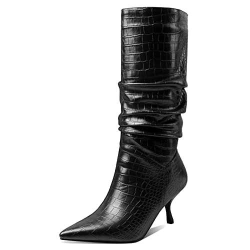 Joliss Women Kitten Heel Slouch Boots Women Pointed Toe Slouch Boots Women Slip-On Winter Slouch Boots