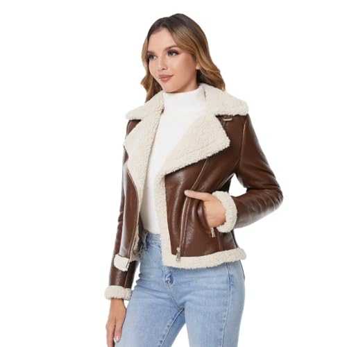 DIASHINY Faux Leather Jacket For Women, Zip Up Moto Biker Coat, Short PU Motorcycle Outwear