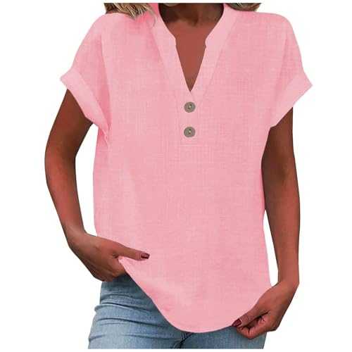 Linen Tops for Women UK Summer Loose Blouses Shirts Half Sleeve Scoop Neck T-Shirts Oversized Lightweight Tunic Top Ladies Casual Tee Shirt Plus Size