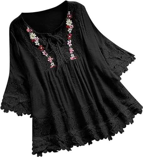 Womens Short Sleeve Lace Floral Elegant Tops Shirts and Blouse for Women UK Summer V Neck Oversized Tunic Top Loose Casual Shirt Tees UK Size S 5XL