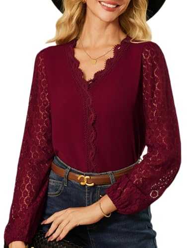 GRACE KARIN Women Lace Long Sleeve Blouse Casual Elegant Tops V Neck Elastic Cuffs Shirt