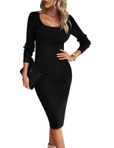 Heersan Women's Jumper Dress Long Sleeve Elegant Soft Knitwear Slim Fit Pullover Ladies Sweaters Autumn/Winter Long Style U-Neck Split Fork Party Dress S-XL