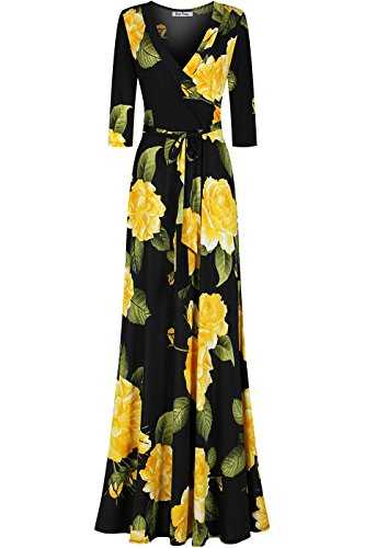 Bon Rosy Women's #MadeInUSA 3/4 Sleeve V-Neck Printed Maxi Faux Wrap Floral Dress