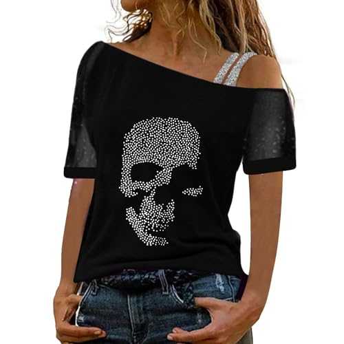 T Shirts for Women UK Skull Print Off Shoulder T-Shirt Short Sleeve Casual Summer Top Relaxed Fit Athletic Women Tee Shirt Lightweight Novelty Top Sexy Glitter Ladies Tshirts