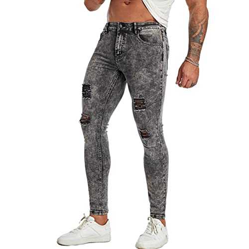 FIILIMER Men's Super Skinny Stretch Tapered Leg Slim Fit Ripped Distressed Jeans